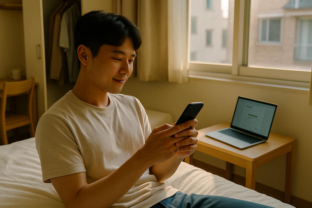 2025 청년 월세 지원 입금 알림을 확인하며 휴대폰을 보는 20대 청년