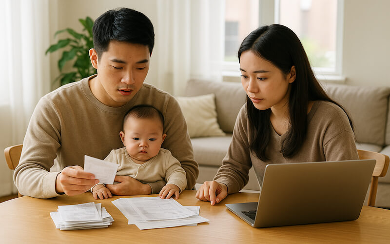2025 연말정산에서 자녀세액공제와 영유아 의료비 공제를 점검하는 젊은 부부
