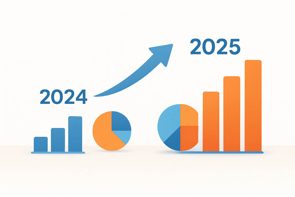 2025 연말정산 변경사항을 상징하는 2024에서 2025로 이어지는 상승 화살표와 막대그래프·원형그래프 일러스트