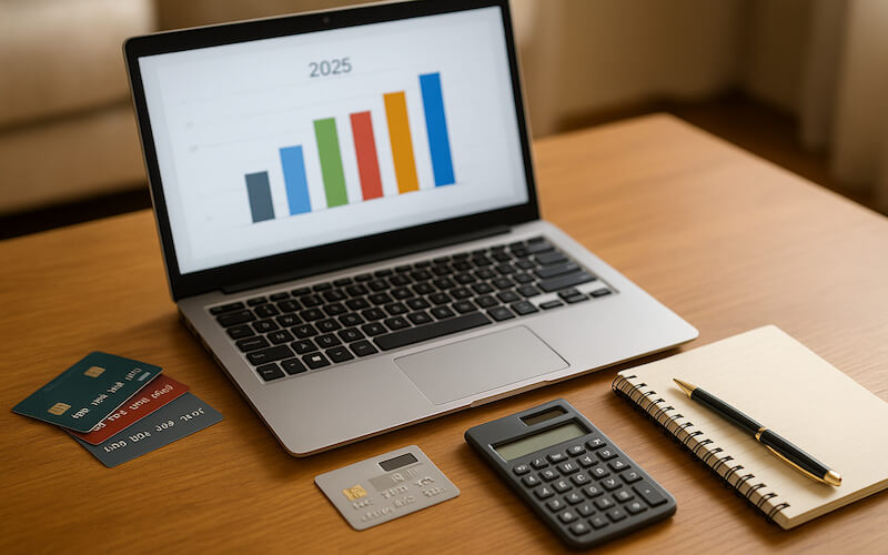 2025 신용카드 소득공제를 준비하며 노트북과 여러 신용카드, 계산기, 메모장을 정리해둔 깔끔한 책상 모습
