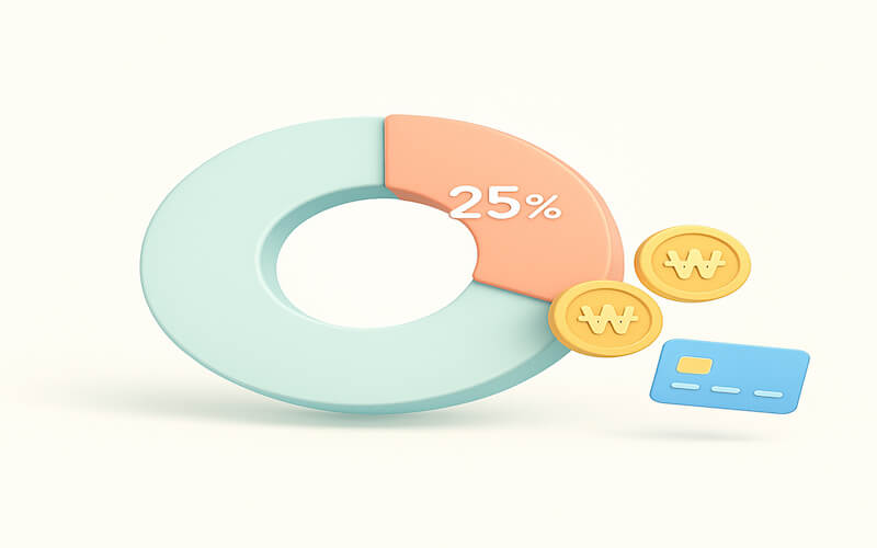 총급여 25%를 기준으로 시작되는 2025 신용카드 소득공제 구조를 도넛 차트로 표현한 이미지
