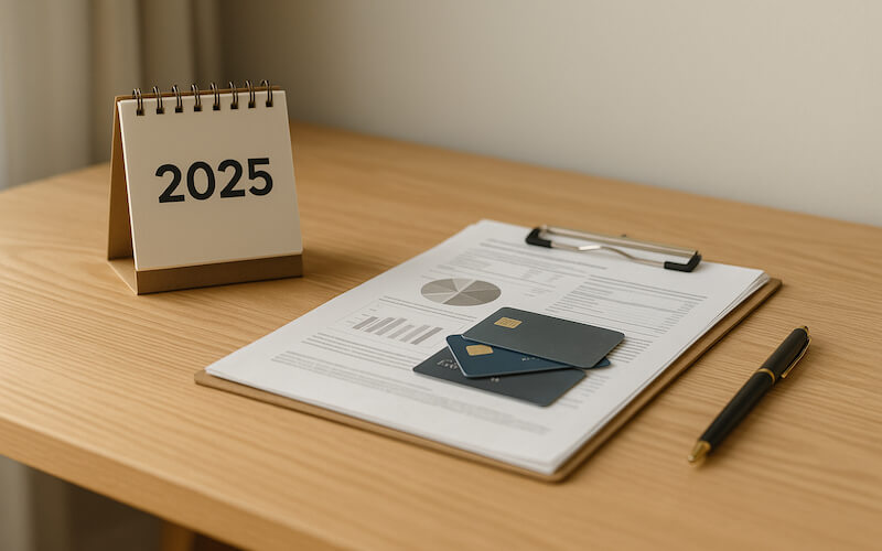 2025년 세법 개편과 신용카드 소득공제 변화를 상징하는 달력과 카드, 세금 서류가 놓인 책상 모습