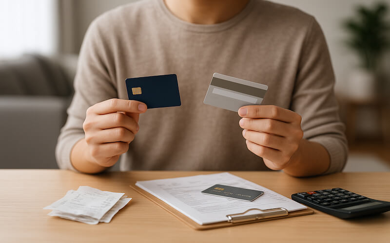 신용카드와 체크카드를 비교하며 2025 신용카드 소득공제에 유리한 사용 순서를 고민하는 직장인의 손
