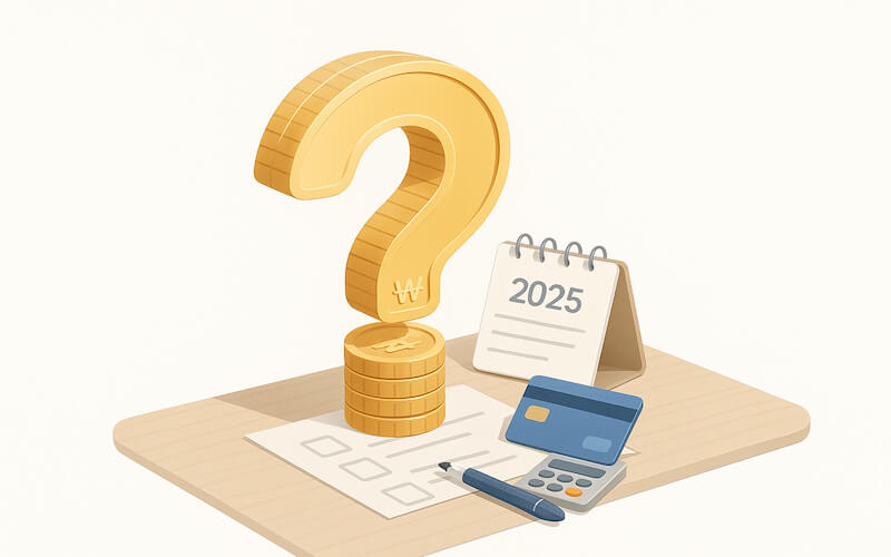 2025 신용카드 소득공제에 대해 많은 사람들이 궁금해하는 질문을 상징하는 물음표와 카드, 동전 일러스트