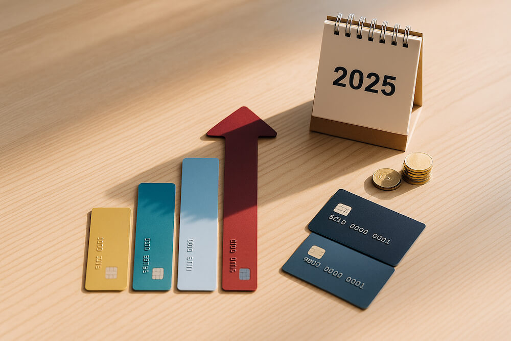 2025 신용카드 소득공제로 절세 효과가 커지는 모습을 신용카드 막대그래프와 2025 달력, 동전 더미로 표현한 이미지