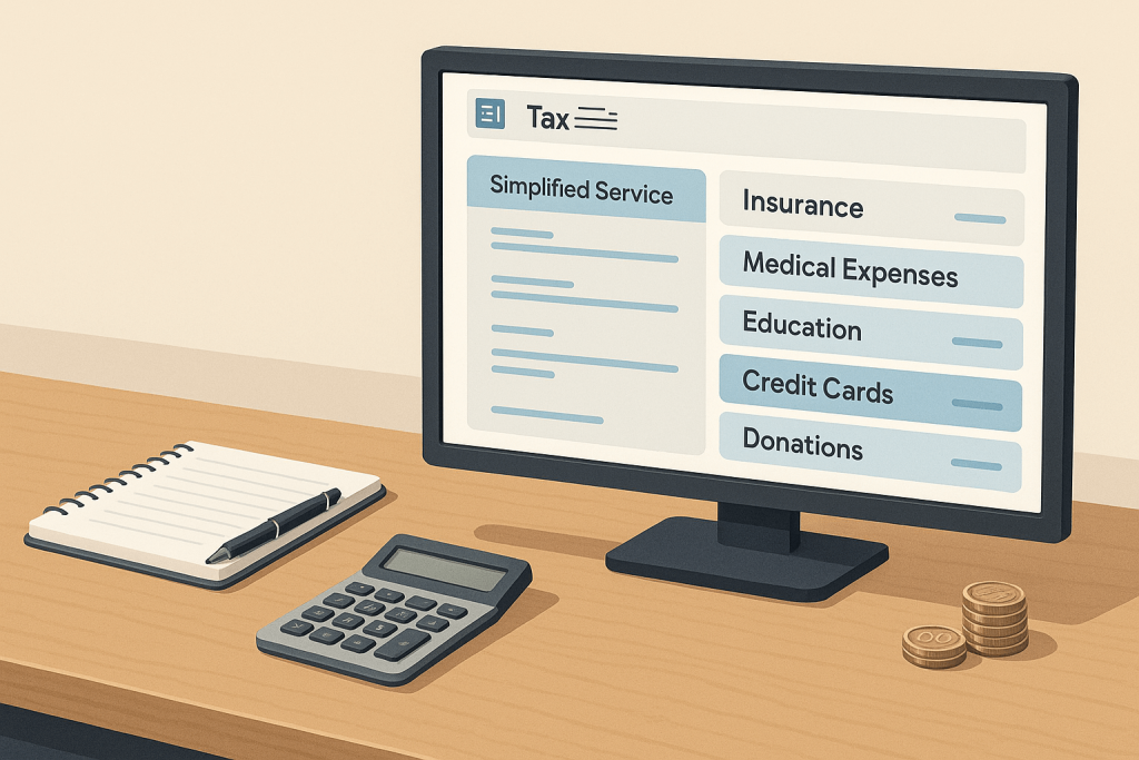 연말정산 간소화 서비스 화면을 보며 노트와 계산기로 공제 자료를 정리하는 직장인 책상 모습