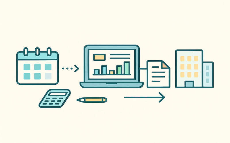 연말정산 간소화 서비스 이용 절차를 달력·노트북·문서·회사 아이콘으로 표현한 인포그래픽
