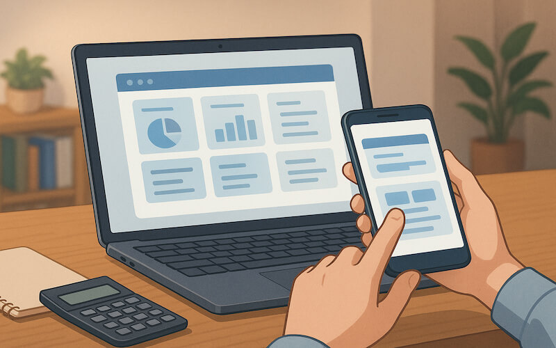 연말정산 간소화 서비스를 노트북과 스마트폰으로 동시에 조회하며 세액공제를 확인하는 장면