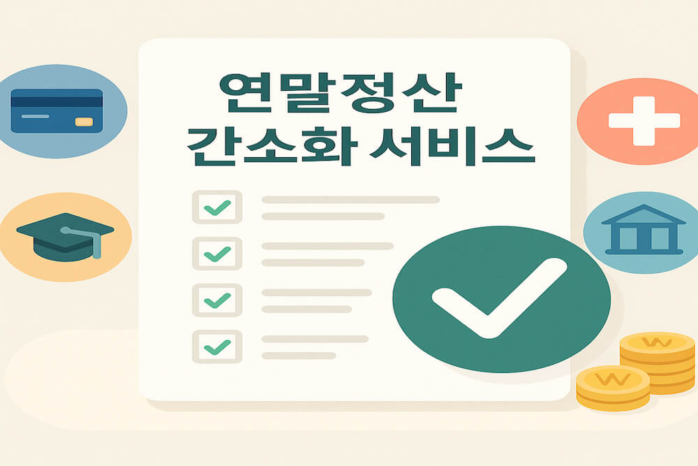 연말정산 간소화 서비스라는 문구와 체크리스트, 큰 체크표시 아이콘, 카드·의료·교육·주택·동전 아이콘이 함께 있는 연말정산 간소화 서비스 썸네일 이미지