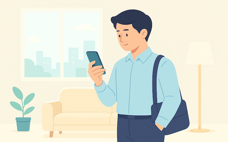 2025 근로장려금 신청 안내를 스마트폰으로 확인하는 직장인 일러스트