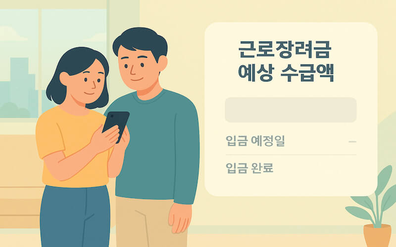 2025 근로장려금 예상 수급액과 입금 상황을 확인하는 청년 부부 일러스트