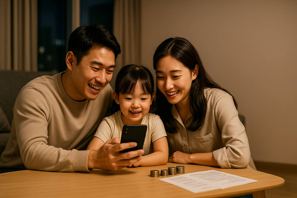 2025 자녀장려금 신청 자격을 확인하며 스마트폰을 보는 한국 젊은 부부와 자녀, 동전과 서류가 놓인 거실 테이블 풍경