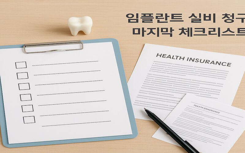 임플란트 실비 청구 전 약관과 영수증을 확인하기 위한 체크리스트와 치과 모형이 놓인 책상 모습
