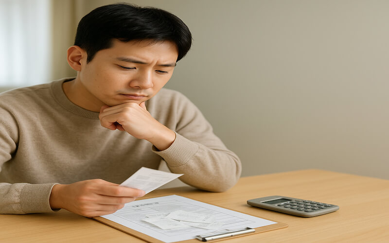 실비보험 청구 방법을 고민하며 의료비 영수증과 보험 서류, 계산기를 책상 위에서 살펴보는 직장인 모습