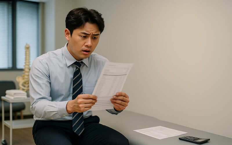 진료 받은 도수치료가 실손보험 청구가 되지 않아 그 가격에 놀라는 남성의 모습