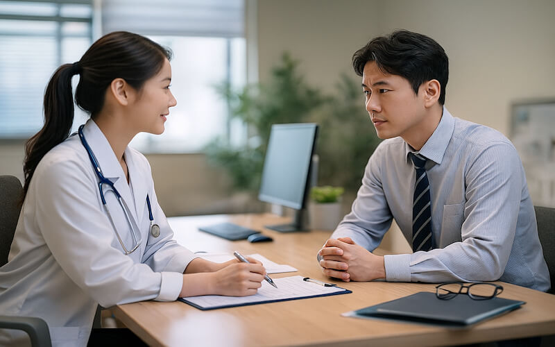 도수치료 실비 청구 불승인 사례 때문에 병원에서 의사와 마주 앉아 상담하는 직장인의 모습