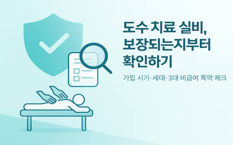 도수치료 실비 청구 방법과 보장 여부를 인포그래픽으로 설명하는 도수 치료·보험 서류·돋보기가 있는 2.5D 일러스트
