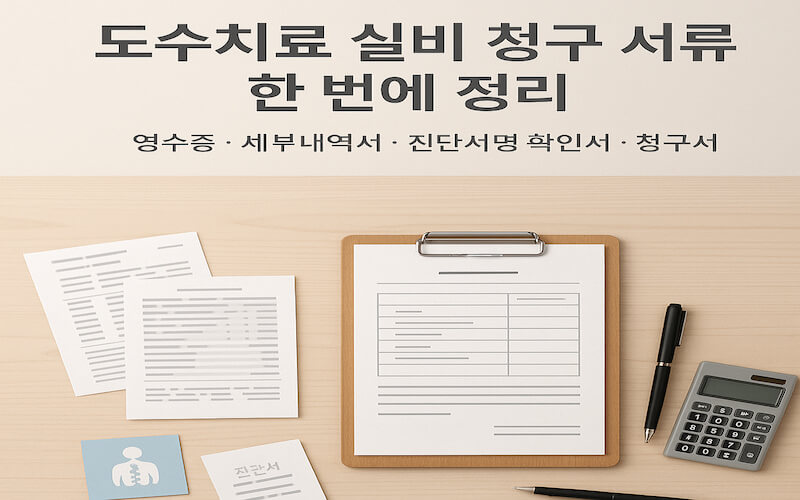 도수치료 실비 청구 서류를 한 번에 정리한 영수증·세부내역서·진단서·청구서와 계산기가 올려진 책상 탑뷰 이미지