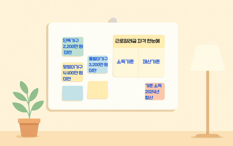 2025 근로장려금 소득 기준과 재산 기준을 정리하기 위한 화이트보드 일러스트