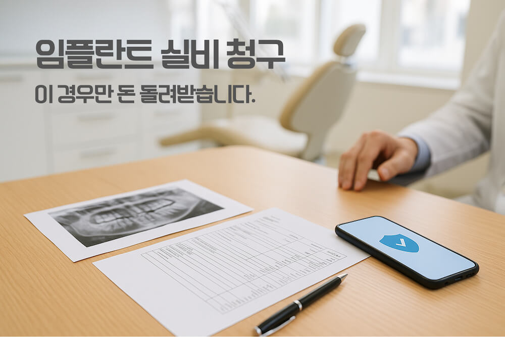 임플란트 실비 청구 방법을 상담받으며 치과 임플란트 비용 견적서와 보험 앱 화면을 함께 살펴보는 모습의 썸네일 이미지