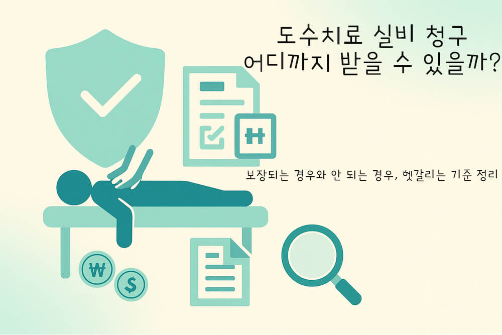 도수치료 실비 청구를 상징하는 도수치료 침대와 방패, 보험 서류, 동전, 돋보기 아이콘이 배치된 2.5D 인포그래픽 썸네일