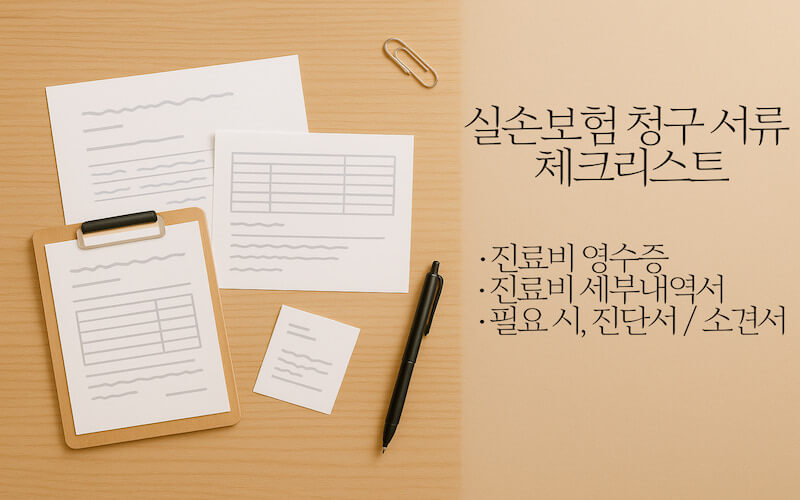 실비보험 청구 서류인 진료비 영수증과 세부내역서를 책상 위에 정리해 둔 모습