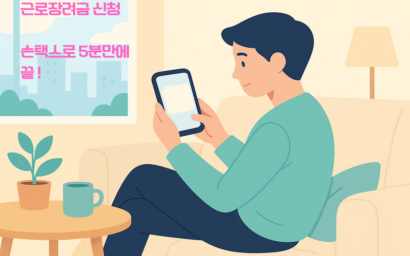 소파에서 스마트폰으로 2025 근로장려금 신청을 준비하는 일러스트
