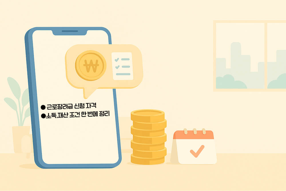 2025 근로장려금 신청 자격과 지급일을 스마트폰 알림, 동전 더미, 달력 아이콘으로 표현한 썸네일 일러스트