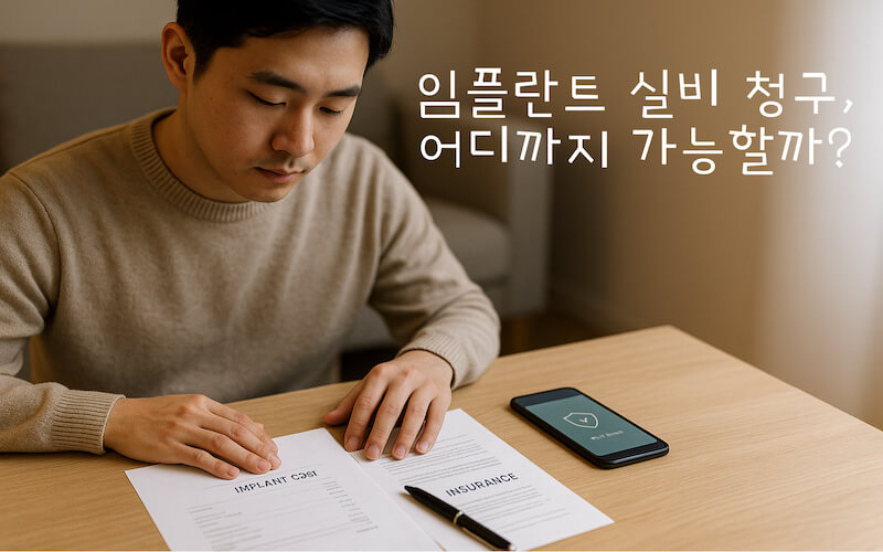 임플란트 비용 영수증과 실손보험 서류를 보며 실비 청구 방법을 고민하는 모습