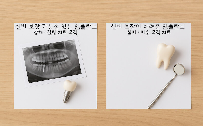 실손보험 보장 가능 임플란트와 보장 어려운 임플란트 치료를 대비해 보여주는 상징적인 이미지