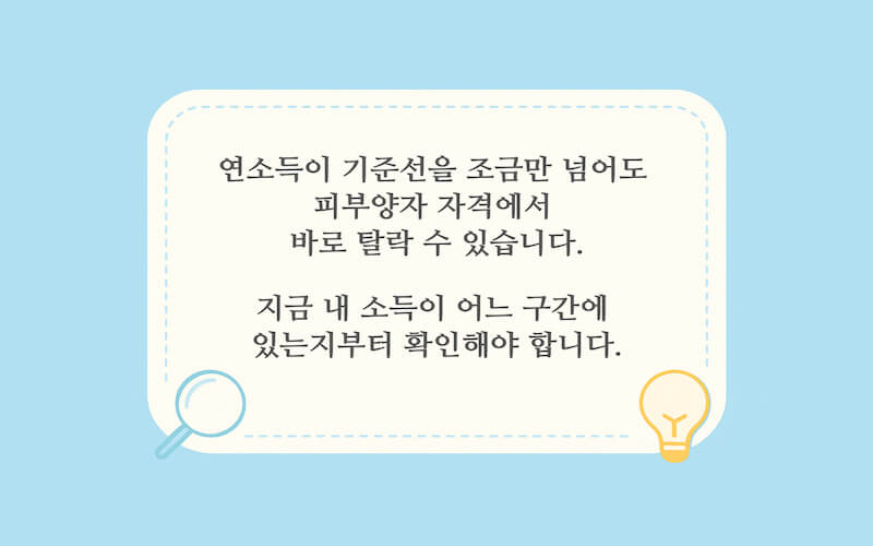 연소득 기준에 따라 건강보험 피부양자 자격 조건 충족 여부가 달라지는 소득 기준 설명 이미지