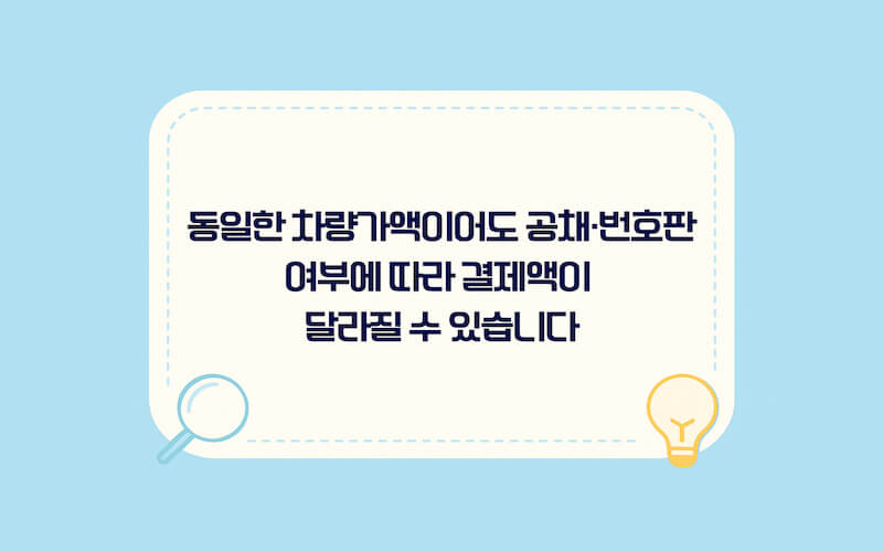 중고차 이전등록비 계산 예시 이미지, 차량가액 기준으로 취득세와 공채 여부에 따라 최종 결제 금액이 달라지는 흐름 설명