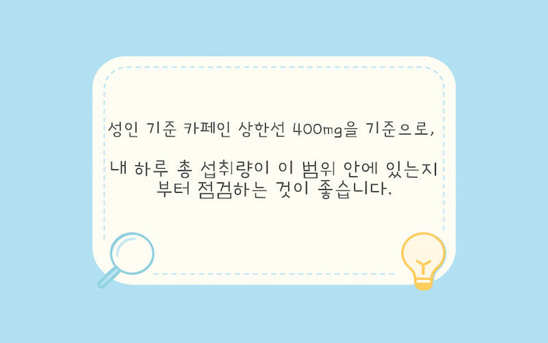 성인과 임산부, 청소년의 카페인 하루 권장량 400mg 기준을 표로 정리한 그림