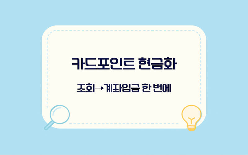 카드포인트 현금화 방법 단계 요약 이미지, 본인인증 후 통합조회→계좌입금 신청 순서 정리