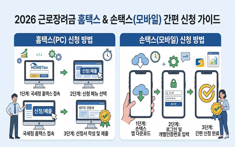 국세청 홈택스 PC 및 손택스 모바일 앱을 통한 근로장려금 간편 신청 3단계 가이드. 개별인증번호 입력 및 신청 완료 과정 설명.