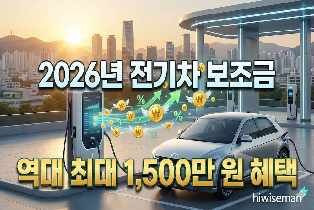 2026년 전기차 보조금 최대 1,500만 원 확정 혜택 안내 및 하이와이즈만 hiwiseman 로고가 포함된 대표 이미지