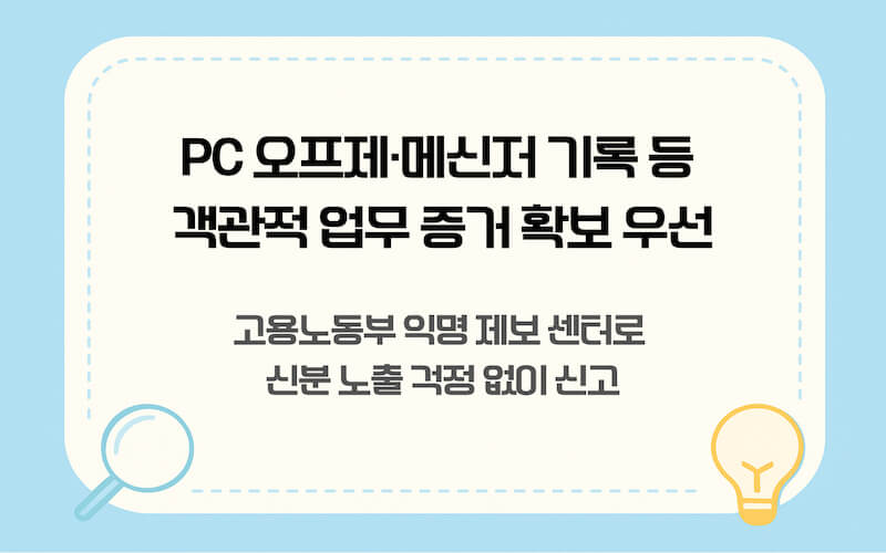 포괄임금제 위반 시 고용노동부 신고 절차 및 대응 방법. PC 오프제, 메신저 기록 등 객관적 증거 확보 및 익명 제보 센터 안내.